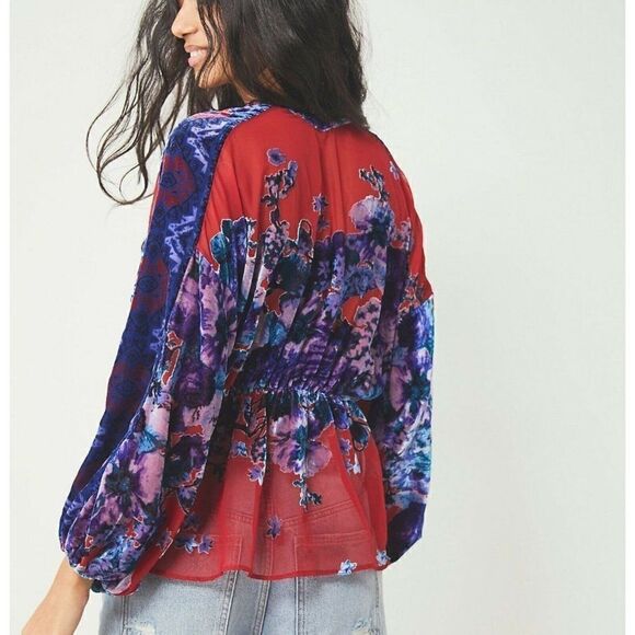 NWT FREE PEOPLE BONNIE BURNOUT VELVET TOP IN RED COMBO - Picture 3 of 3